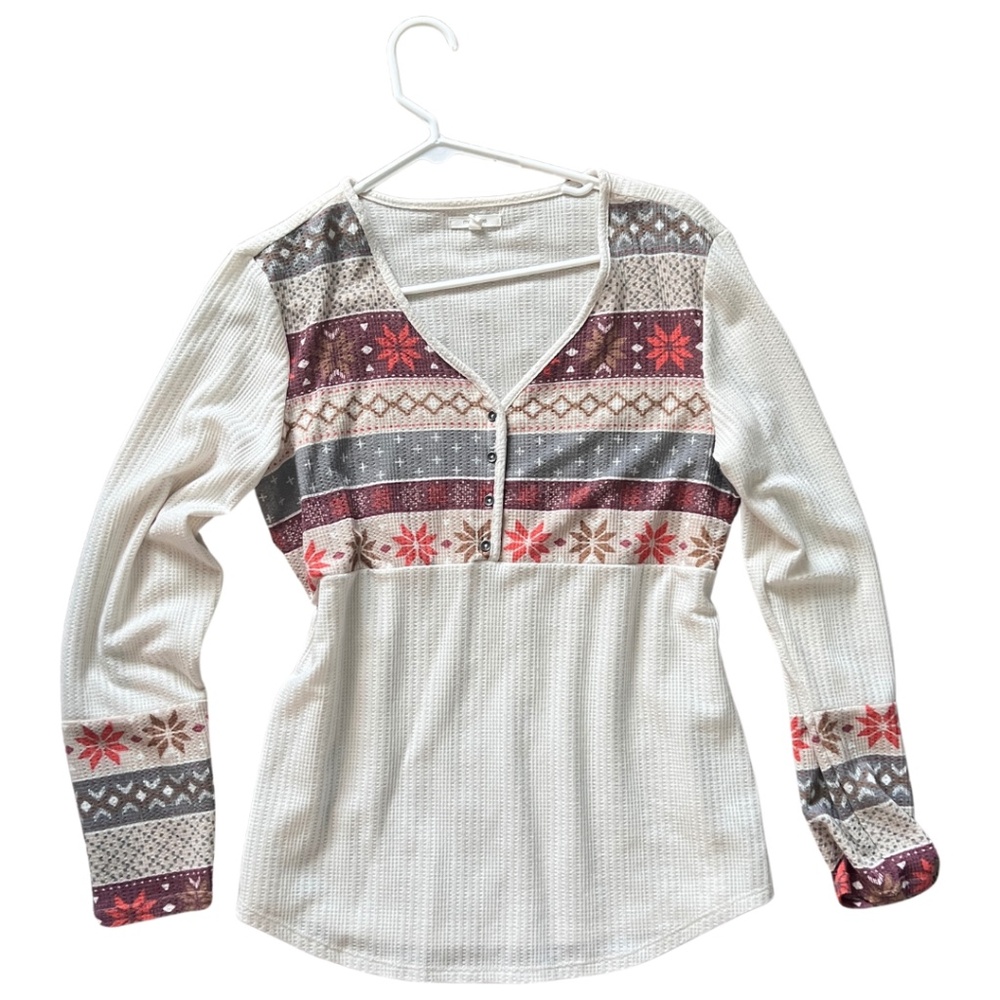 Maurices Boho Chic Patterned Henley Top - Size L (Fits M)